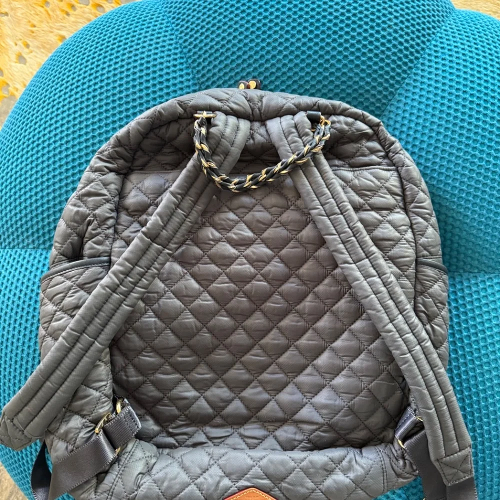 MZ Wallace Quilted Gray Backpack with Gold Hardware